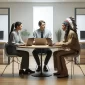 DALL·E 2024 04 15 16.38.35 A photo realistic image of a small intimate meeting in an IT company featuring Native American professionals. The setting is a modern compact office 85x85